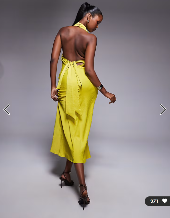 ASOS DESIGN satin high neck midi dress with cross strap detail in chartreuse