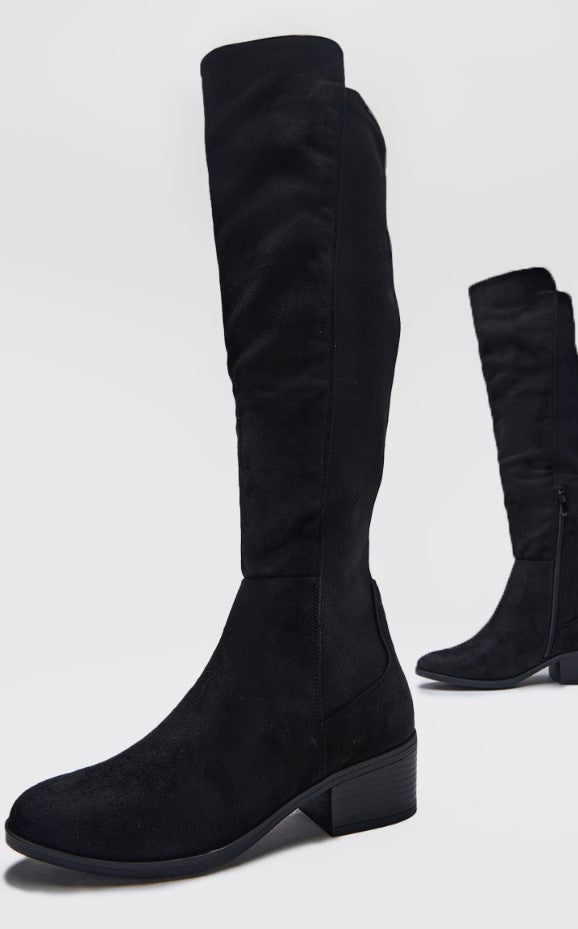 Black Faux Suede Wide Fit Round Toe Block Heel Knee High Boots