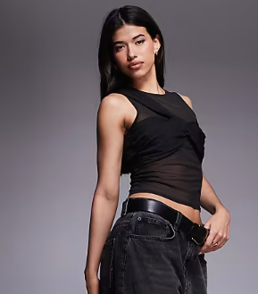 ASOS DESIGN mesh layered asymmetric twist tank top in black