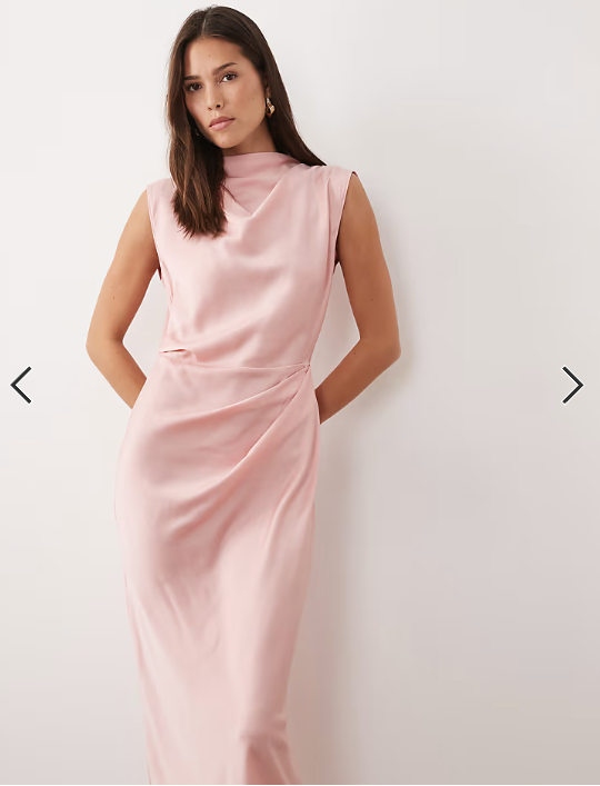ASOS DESIGN satin high neck pleated bodice midi dress in dusty rose