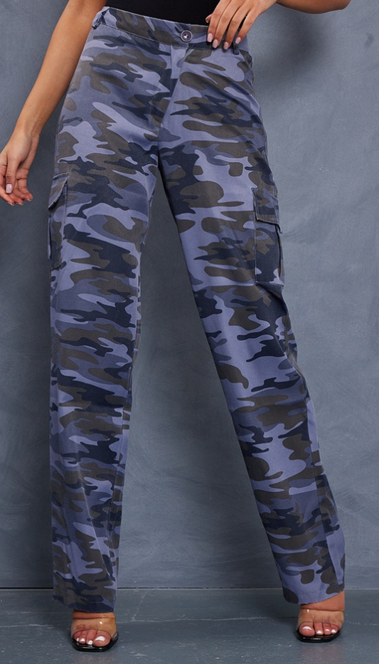 Tall Grey Asymmetric Waistband Camo Cargo Trousers