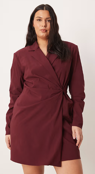 ASOS DESIGN Curve cinched blazer mini dress in deep burgundy