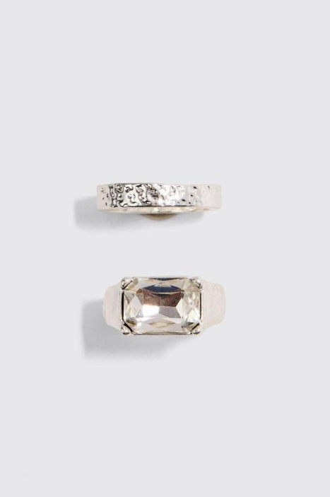 2 Pack Mixed Stone Signet Rings In Silver - silver