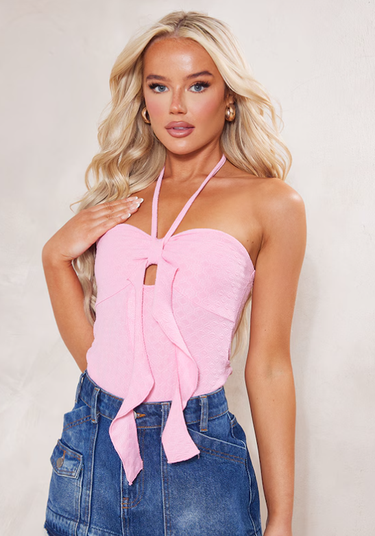 Pink Textured Frill Front Halter Bodysuit