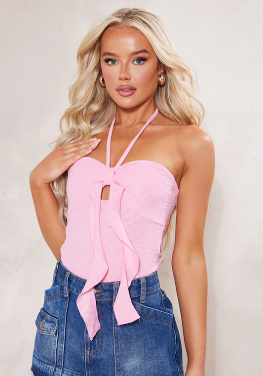 Pink Textured Frill Front Halter Bodysuit