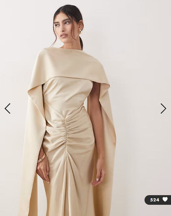 ARRANGE pleated waist high neck back drape satin maxi dress in champagne