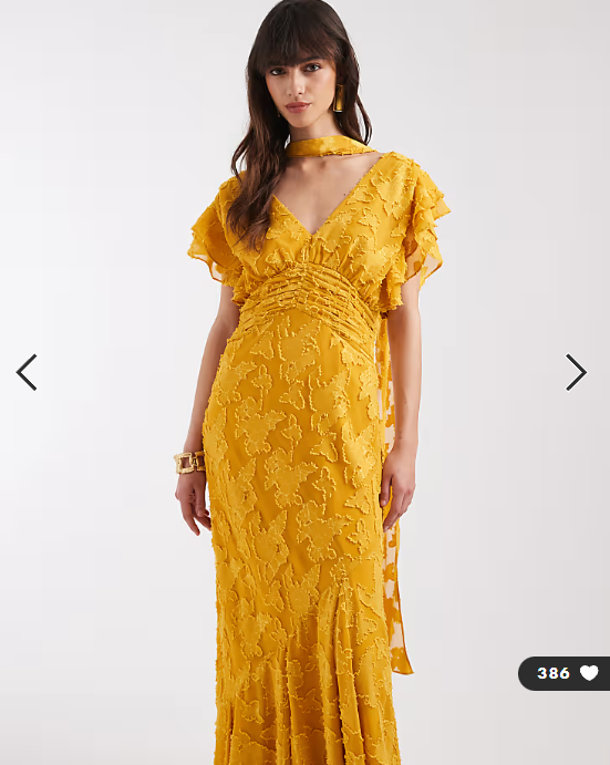Pretty Lavish - v ndck frill jacquard godet maxi dress in ochre