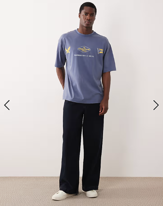 ASOS DESIGN unisex oversized t-shirt with Goodyear prints in washed blue