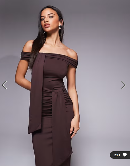 The Frolic exclusive slinky bardot drape detail maxi dress in chocolate