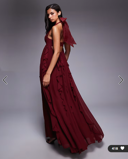 ASOS LUXE halter maxi dress with waterfall ruffles in berry