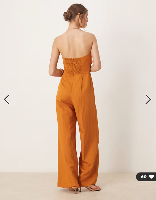 Mango linen mix bandeau jumpsuit in burnt orange