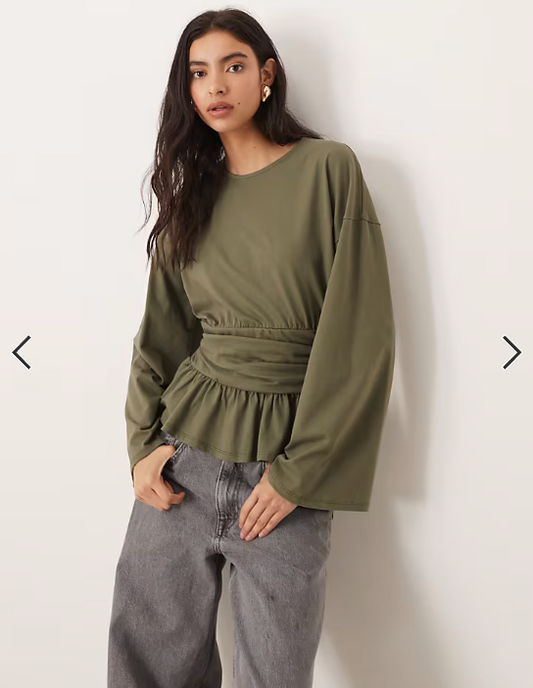 ASOS DESIGN cinched waist peplum hem long sleeve t-shirt in olive