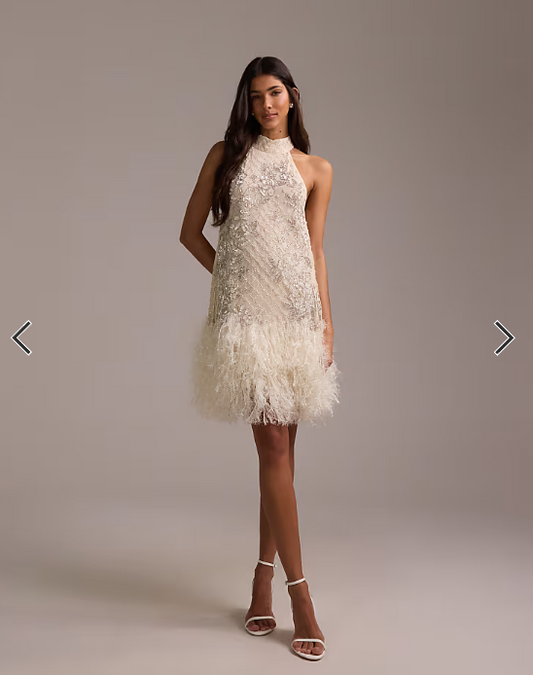 ASOS DESIGN floral embellished halter mini wedding dress with fringe hem in ivory