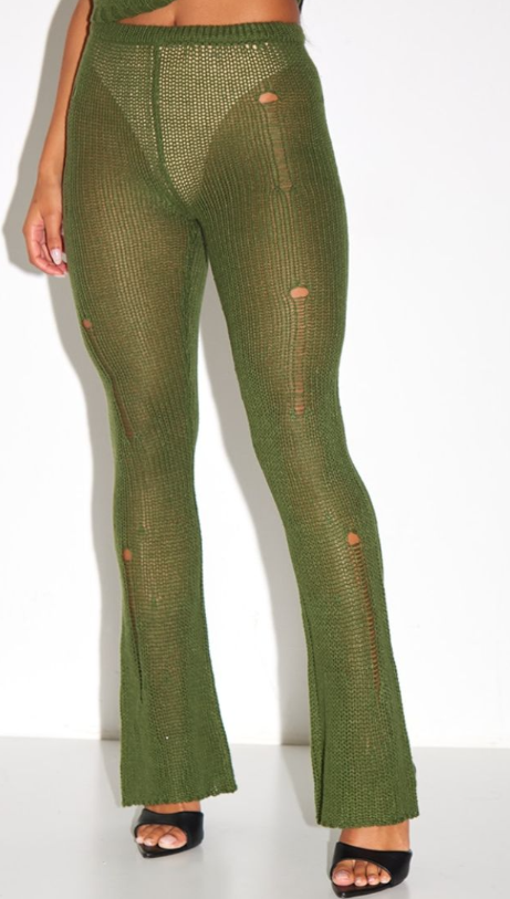 Khaki Distressed Knit Flare Trousers