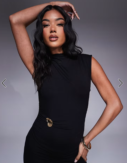 ASOS DESIGN high neck mini dress with gold metal trim detail in black