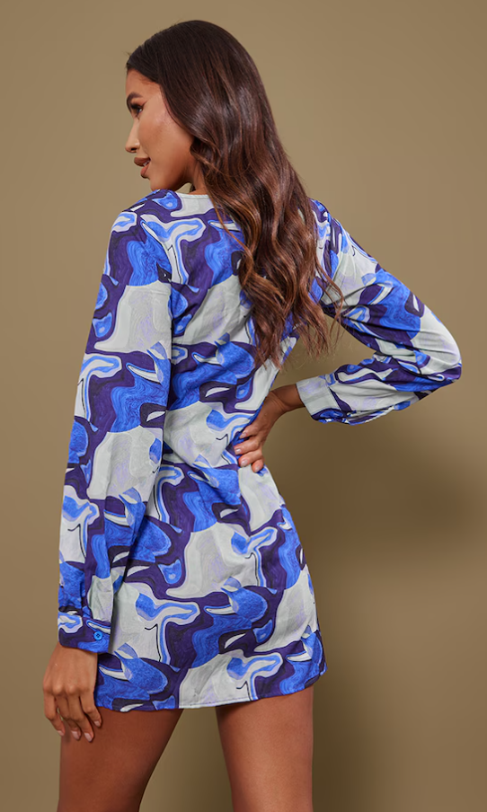 Blue Abstract Print Button Down Bodycon Dress