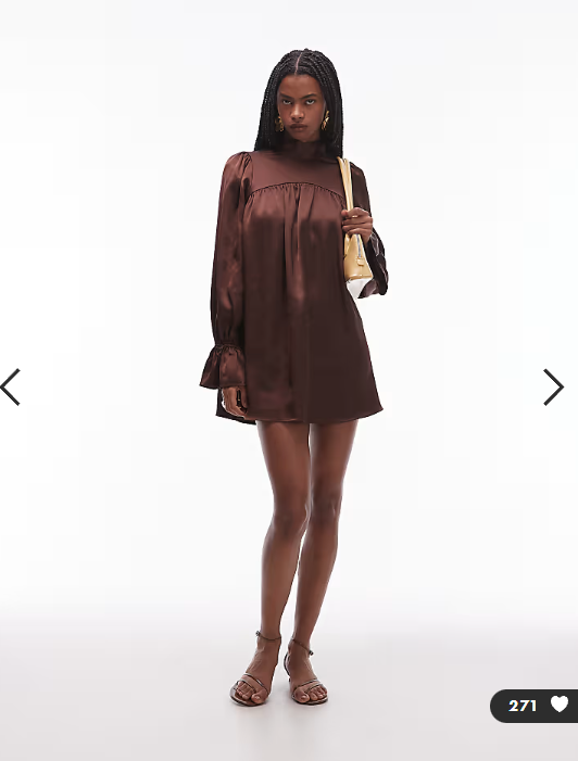 ASOS DESIGN satin high neck blouson sleeve mini dress in chocolate