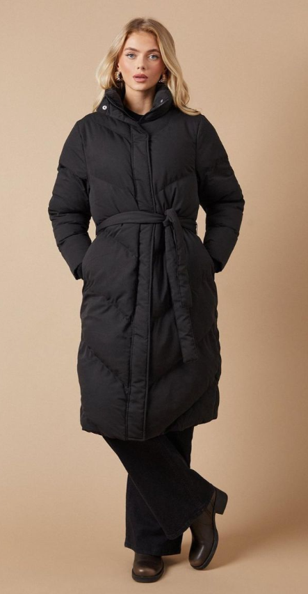 Oasis Belted Midi Padded Funnel Neck Coat