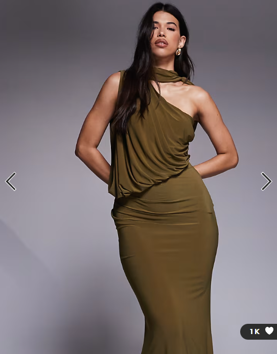 ASOS DESIGN one shoulder slinky drape maxi dress with cape detail in khaki