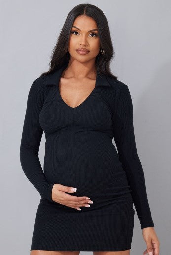 Maternity Black Plunge Polo Neck Mini Dress