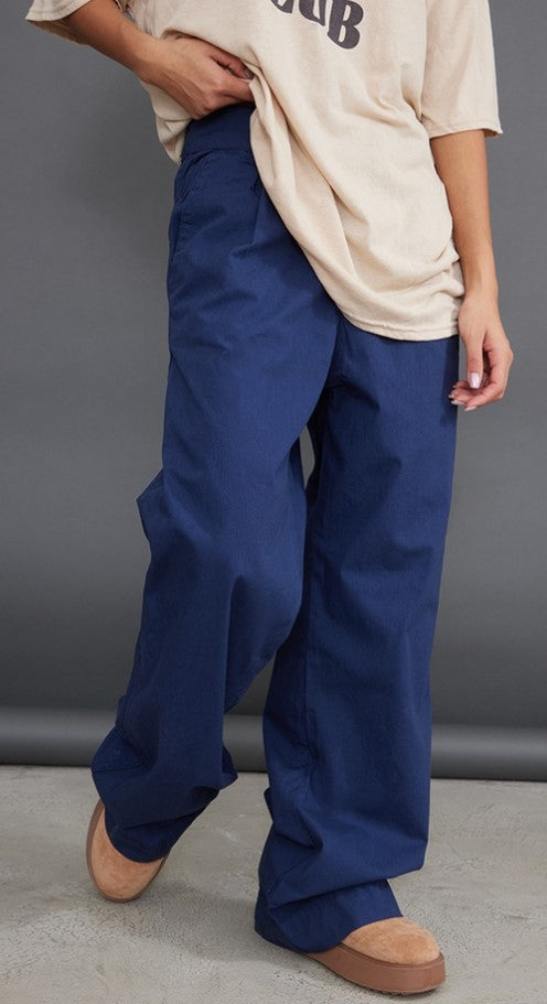 Ink Blue Woven High Waist Pleated Front Wide Leg Trousers