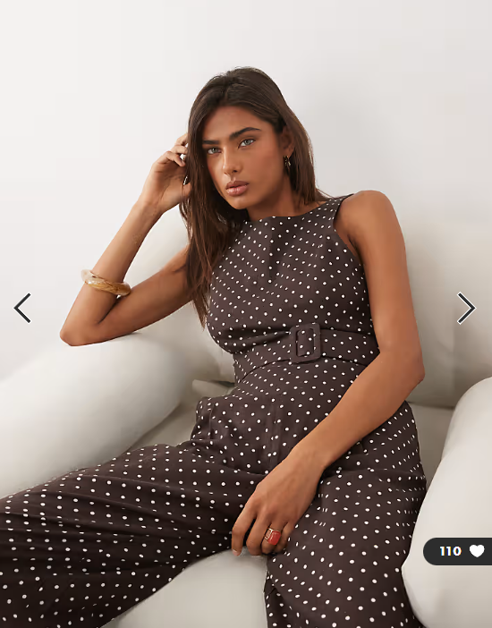 Mango linen mix belted jumpsuit in brown and white polka dot
