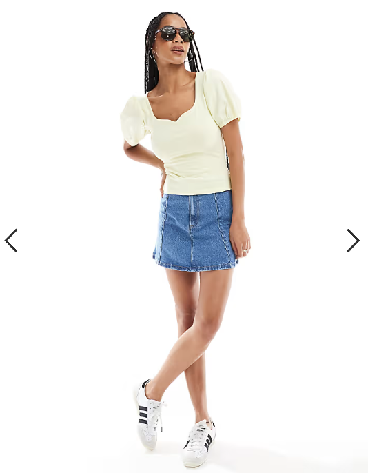 ASOS DESIGN poplin mix puff sleeve sweetheart top in buttermilk yellow