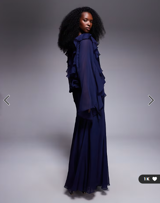 ASOS DESIGN slouchy hip ruffle maxi dress with godets in navy