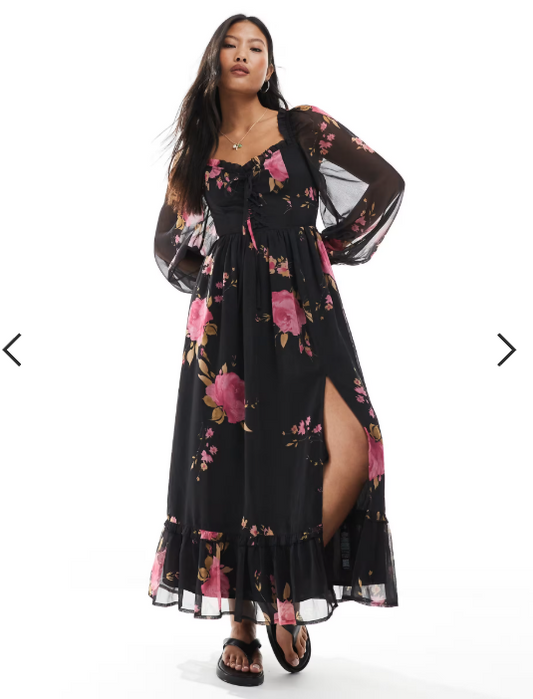 Miss Selfridge Petite long sleeve corset detail maxi dress in rose print