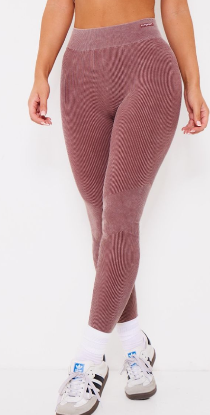 PLT Sport Deep Brown Acid Wash Seamless Rib High Waist Gym Leggings