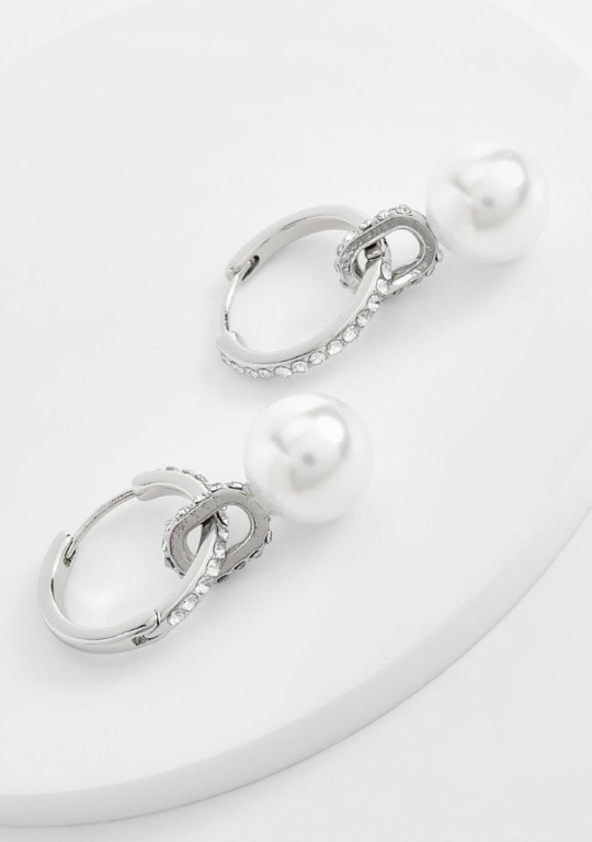 Pearl Drop Diamante Hoop Earrings - silver