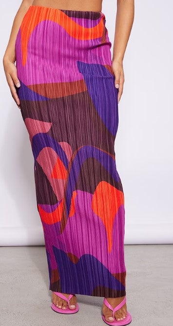 Pink Print Plisse Maxi Skirt