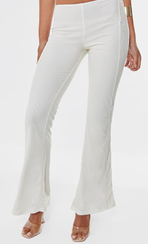 Plt - Cream Lace Mesh Panel Flare Leg Trousers