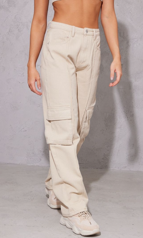 Sand Cargo Pocket Detail Baggy Boyfriend Jeans