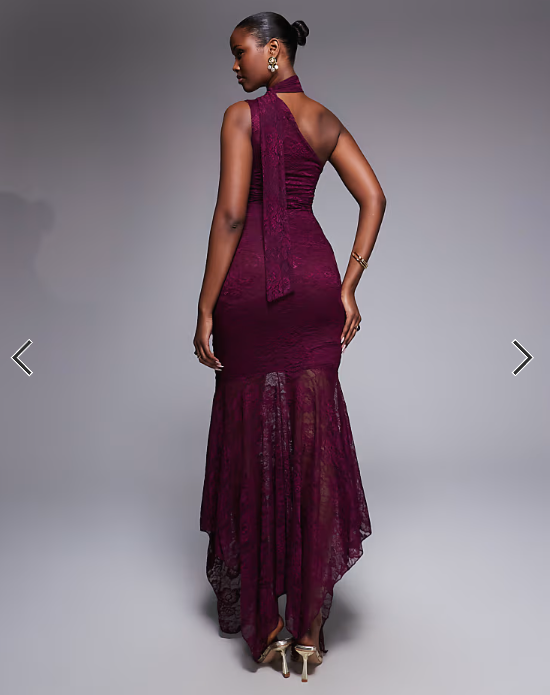 Kaiia exclusive slinky lace asymmetric scarf detail sheer hem maxi dress in dark cherry