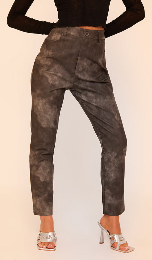 Washed Black Faux Leather Cropped Trousers