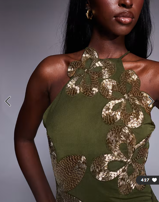 ASOS DESIGN halterneck maxi dress with 3D floral embellishment in olive green