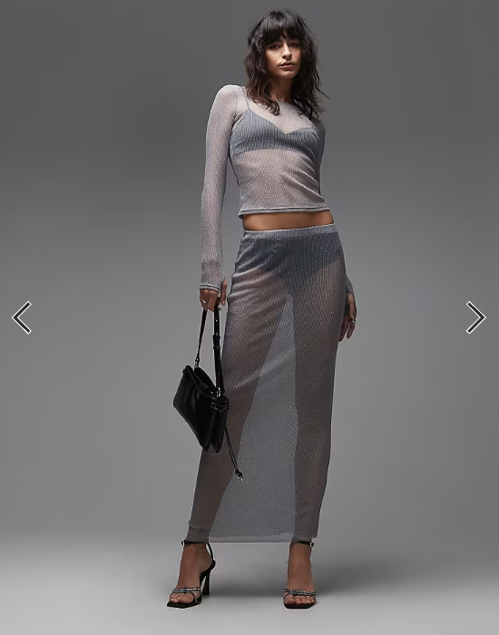 ASOS DESIGN co-ord semi sheer metallic knit long sleeve top in silver