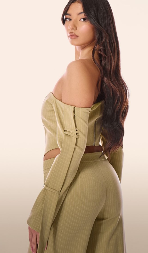 PLT Label Chartreuse Pinstripe Bardot Sleeve Detail Corset