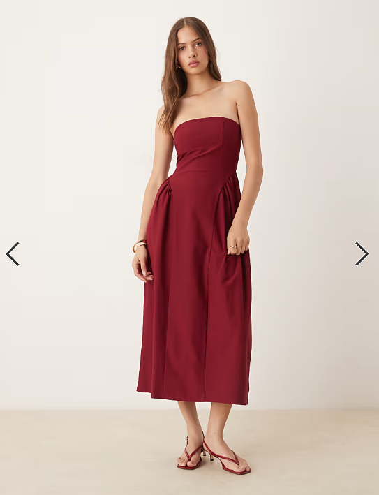 ASOS DESIGN bandeau waisted detail midi dress in wine