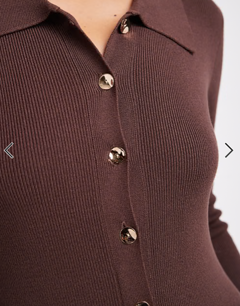 4th & Reckless ribbed knit gold button through collared maxi dress in chocolate