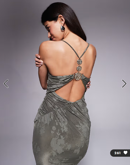 ASOS DESIGN cowl burnout halter maxi dress with gold hardware in khaki