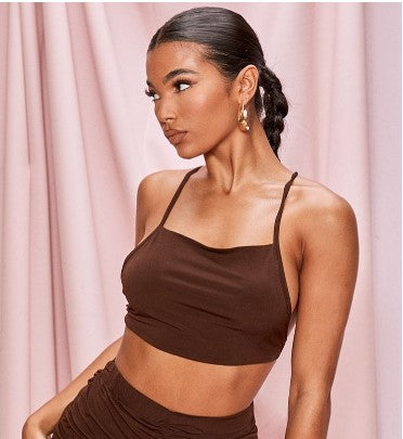 Chocolate Brown Slinky Tie Cross Back Crop Top