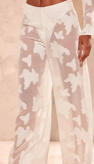 Cream Sheer Woven Floral Devore Wide Leg Trousers.