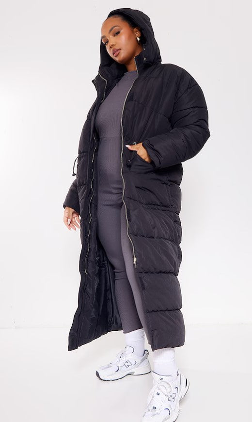 Plus Black Hooded Toggle Detail Maxi Puffer Coat