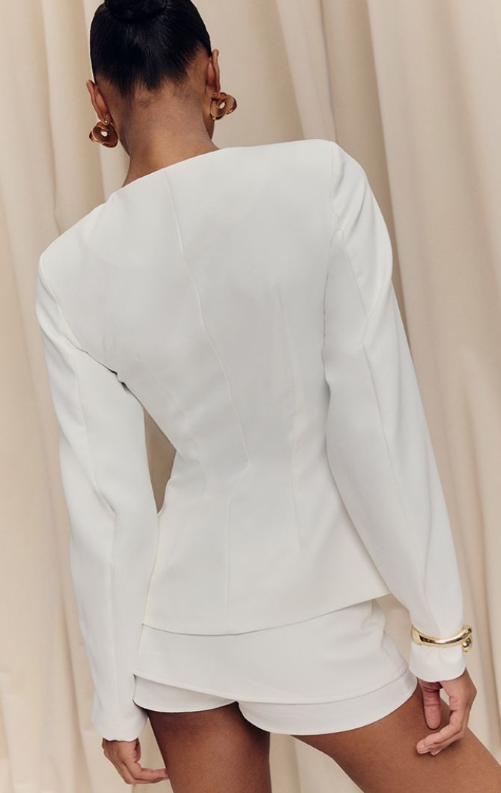 White Woven Cinched Waist Cocoon Sleeve Button Up Blazer