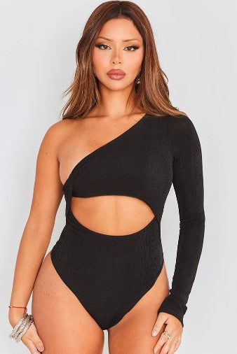 Black Acetate Slinky One Shoulder Cut Out Bodysuit