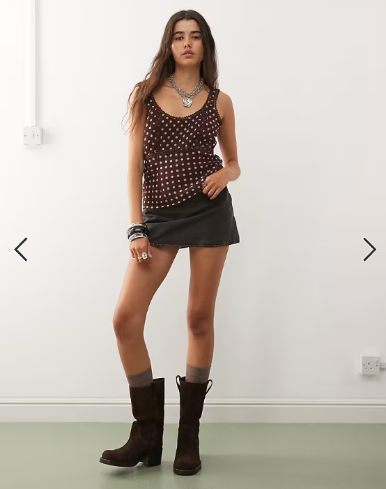 Reclaimed Vintage cami tea top with lace trims in chocolate brown and cream polka dot print