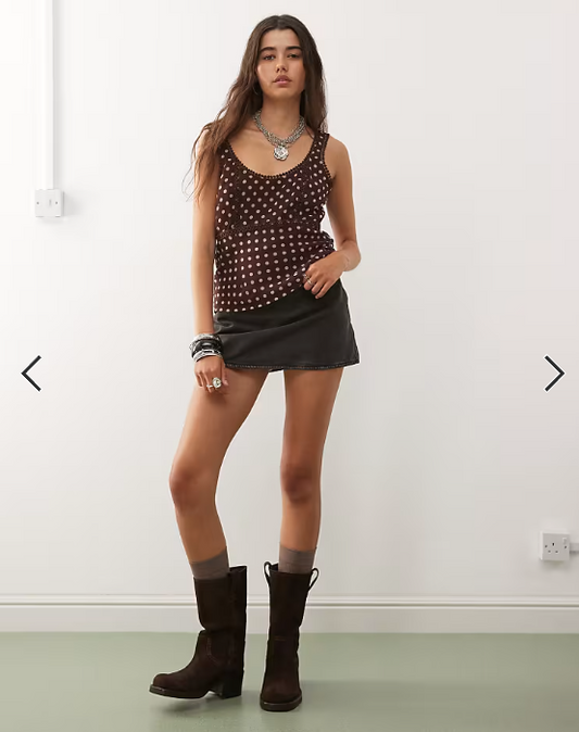 Reclaimed Vintage cami tea top with lace trims in chocolate brown and cream polka dot print