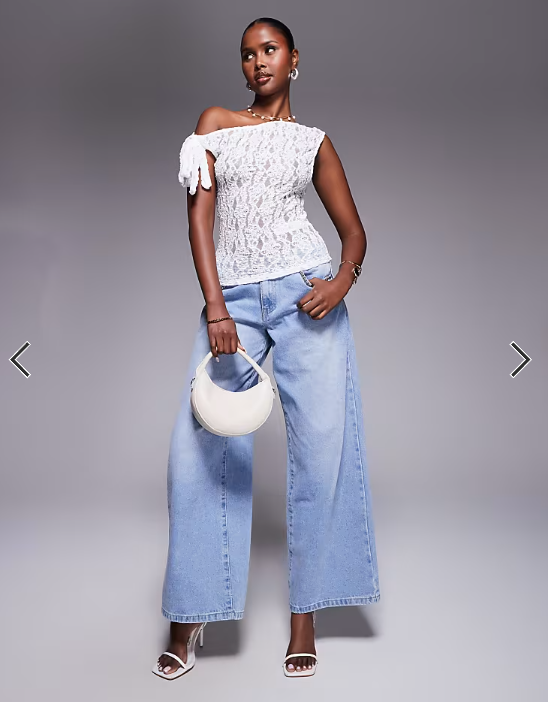 ASOS DESIGN lace tie fallen shoulder sheer top in cream